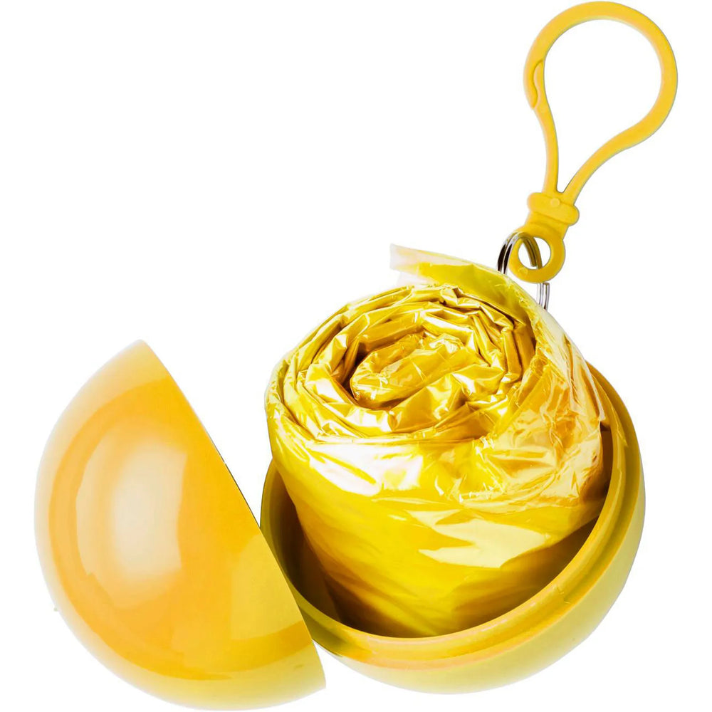 PVC poncho in gekleurde kunststof bal met karabijnhaak geel open 189137