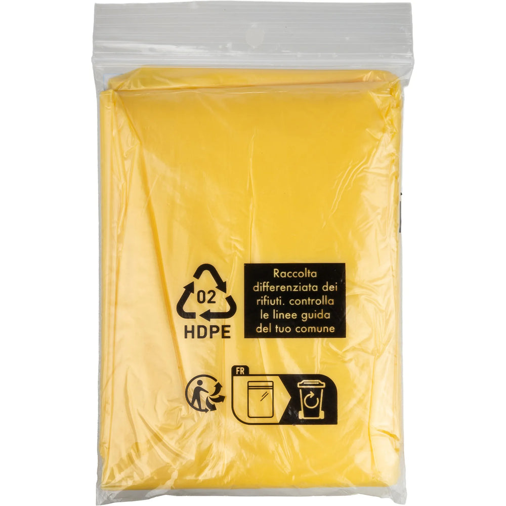 Transparante opvouwbare pe poncho per stuk in polybag verpakking achterzijde, Geel - 189504