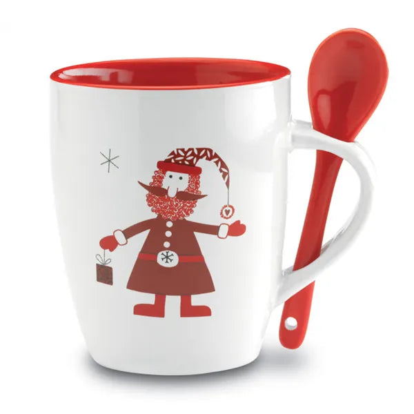 Keramische mok 250 ml met lepeltje, Rood en wit - 191304