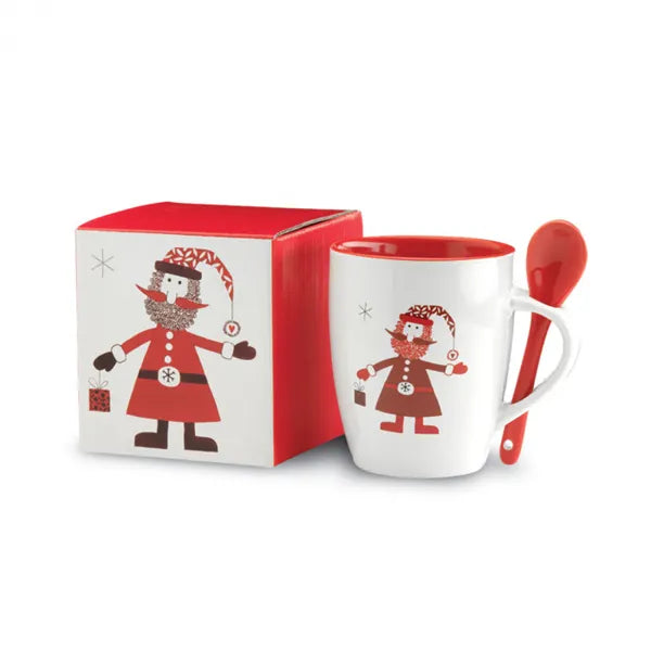 keramische mok kerst met lepel kerstman rood met doosje 191304