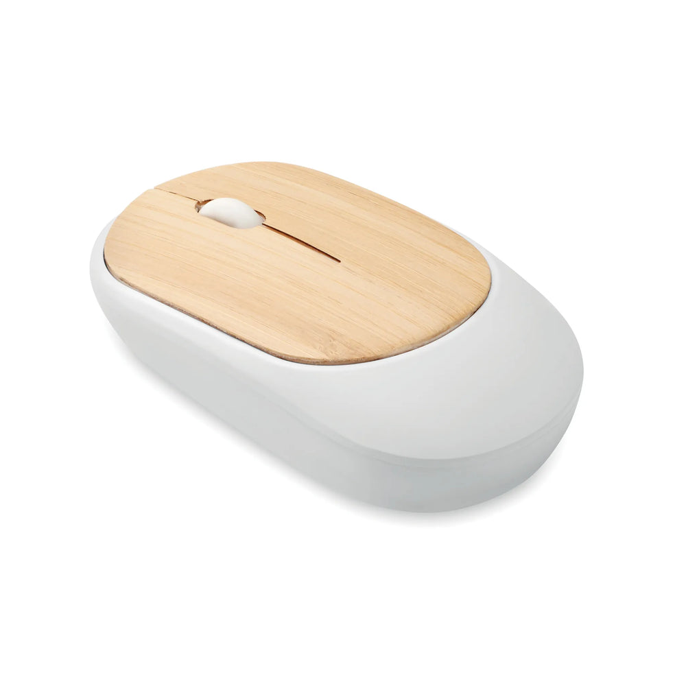 Draadloze muis van gerecycled ABS met bamboe, Beige en wit - 192085