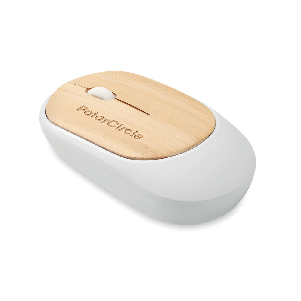 Draadloze muis van gerecycled ABS met bamboe met gravering, Beige en wit - 192085