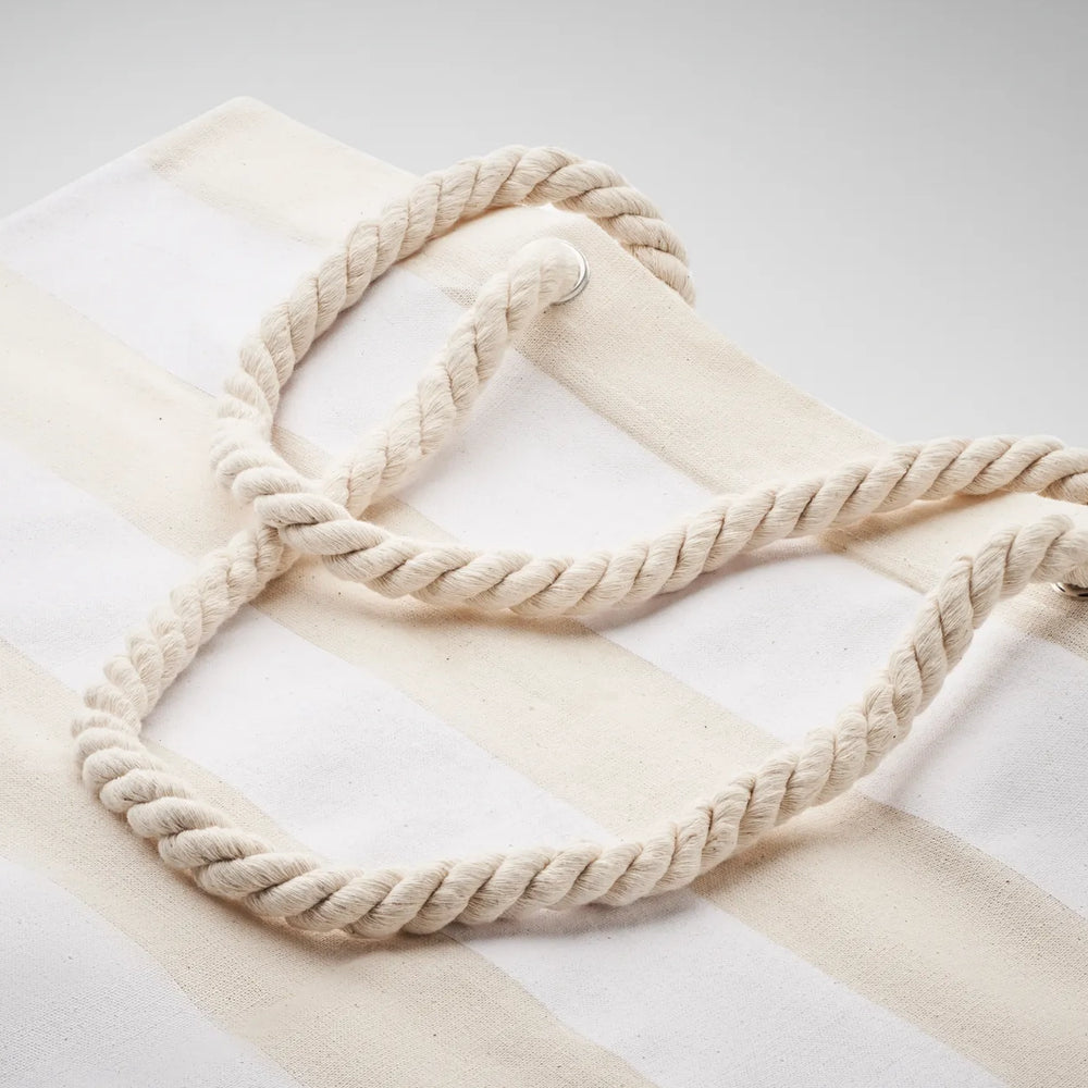 gestreepte strandtas van katoen met koordhandvat 1 beige detail 192126