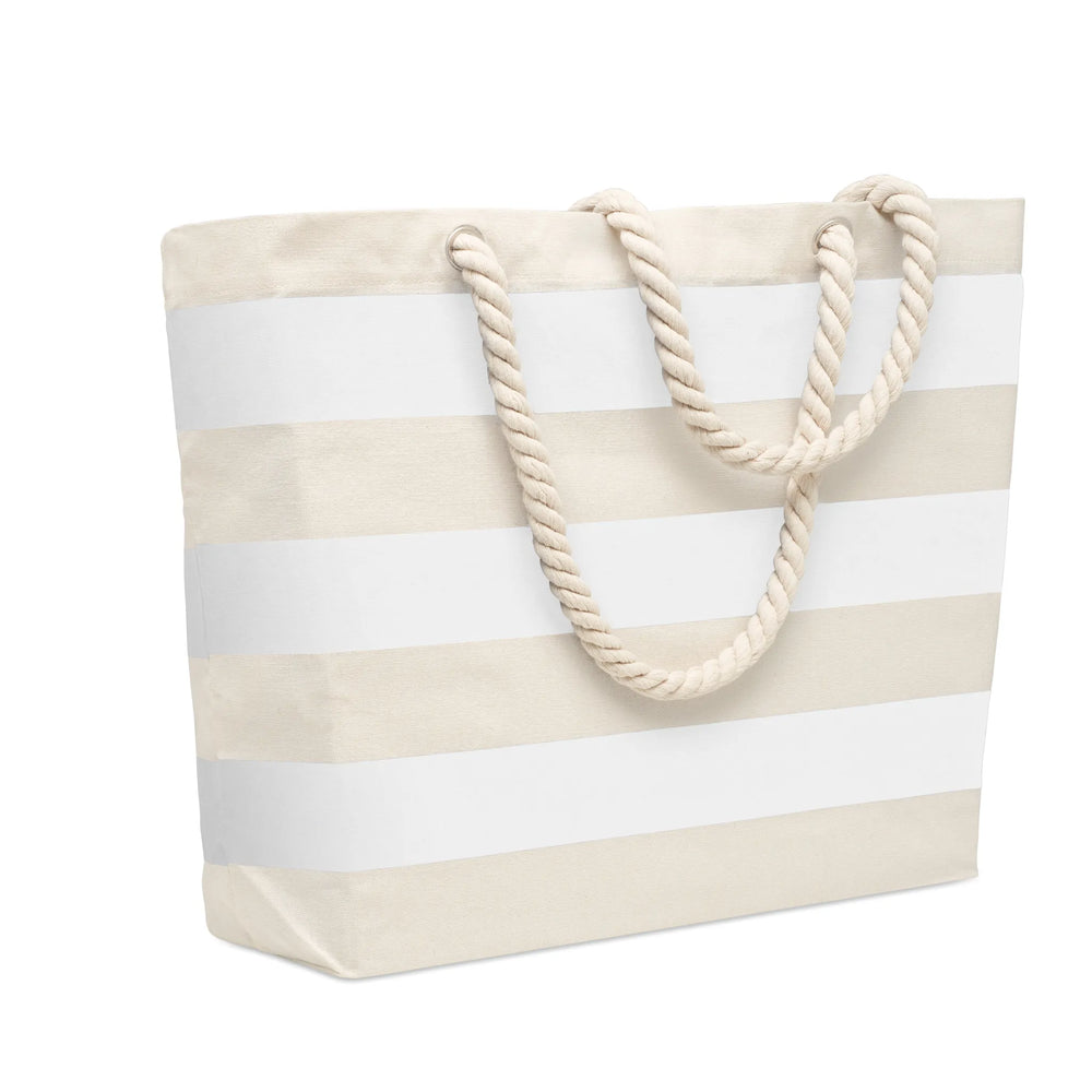 gestreepte strandtas van katoen met koordhandvat beige 06 192126