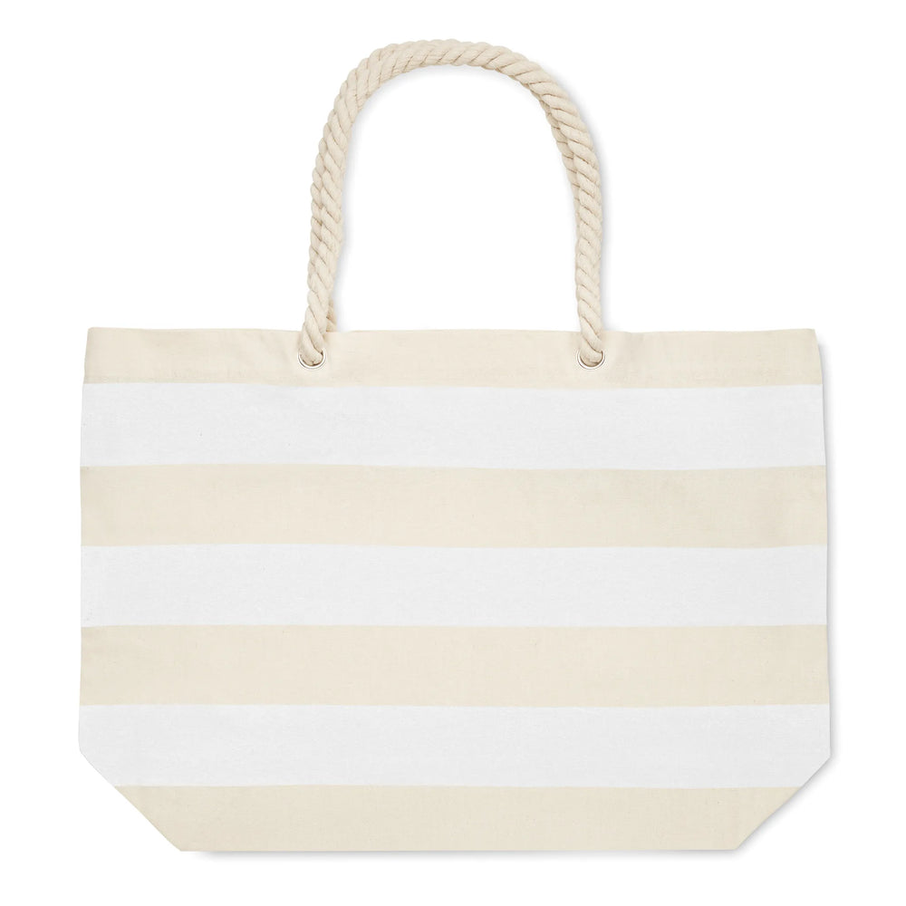gestreepte strandtas van katoen met koordhandvat beige back 192126