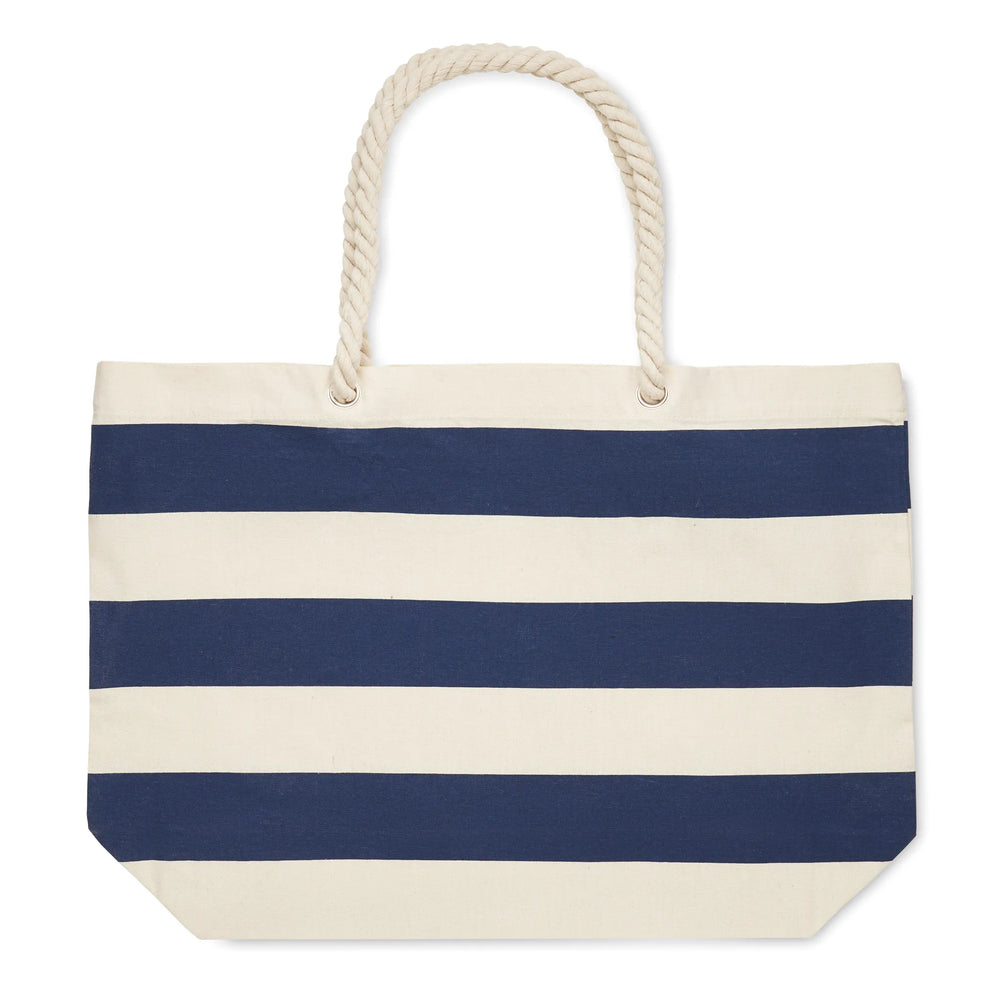 gestreepte strandtas van katoen met koordhandvat donkerblauw back 192126