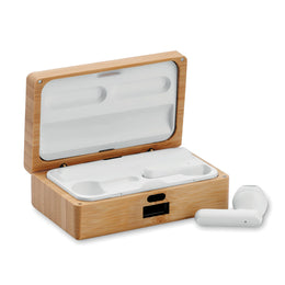 TWS oordopjes met microfoon in bamboe hoes inclusief 1200 mAh powerbank geopende oplaaddoos met oordopjes, Bruin - 192303