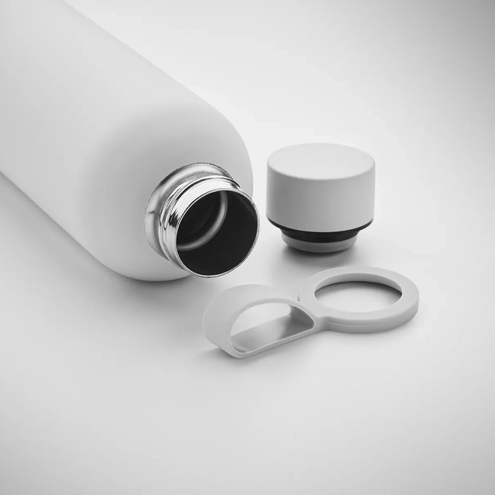 Dubbelwandige vacuüm fles 500 ml van gerecycled roestvrij staal met losse dop en draaglus, Wit - 192315