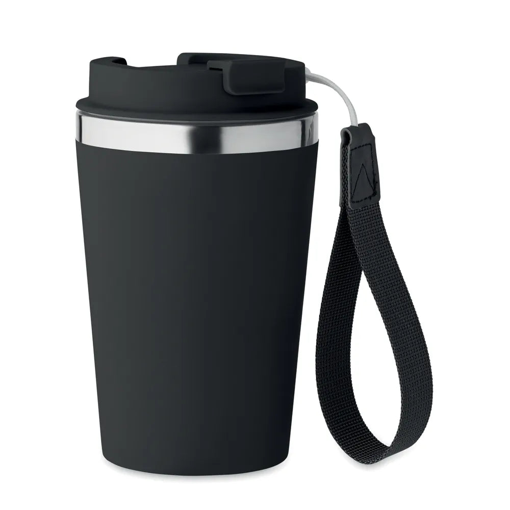 Dubbelwandige herbruikbare koffiebeker van gerecycled RVS, Zwart - 192317