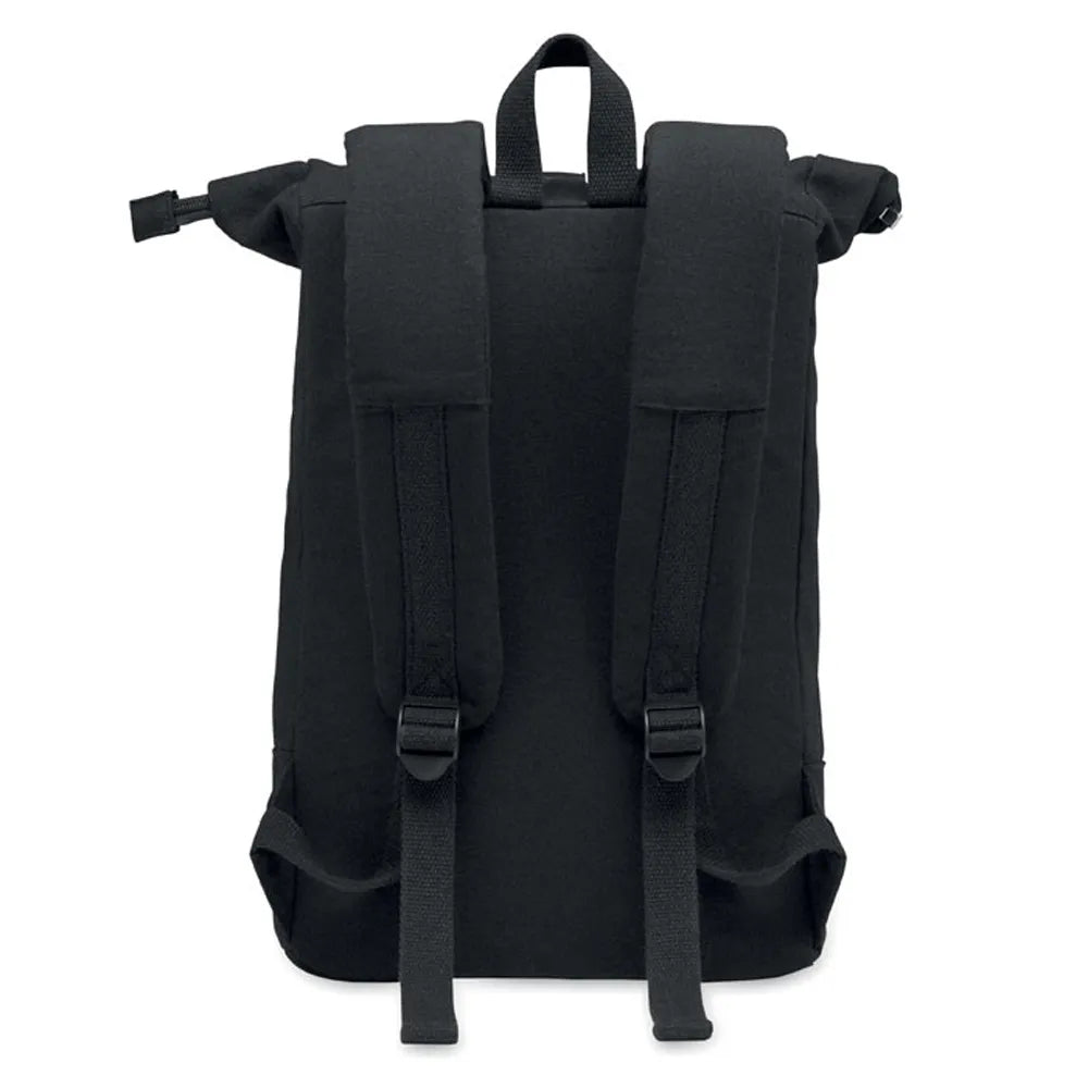 15 inch rolltop laptoprugzak van gerecycled katoen achterzijde, Zwart - 192400