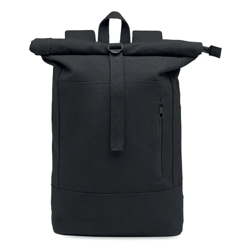 15 inch rolltop laptoprugzak van gerecycled katoen voorzijde, Zwart - 192400