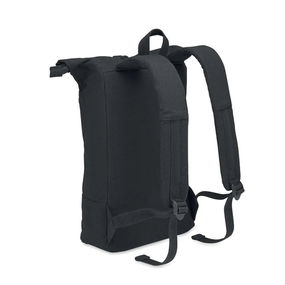 15 inch rolltop laptoprugzak van gerecycled katoen zijaanzicht, Zwart - 192400