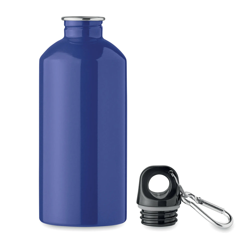 drinkfles van gerecycled roestvrij staal 500ml met karabijnhaak blauw open 192403