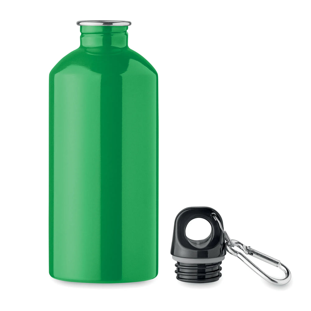drinkfles van gerecycled roestvrij staal 500ml met karabijnhaak groen open 192403