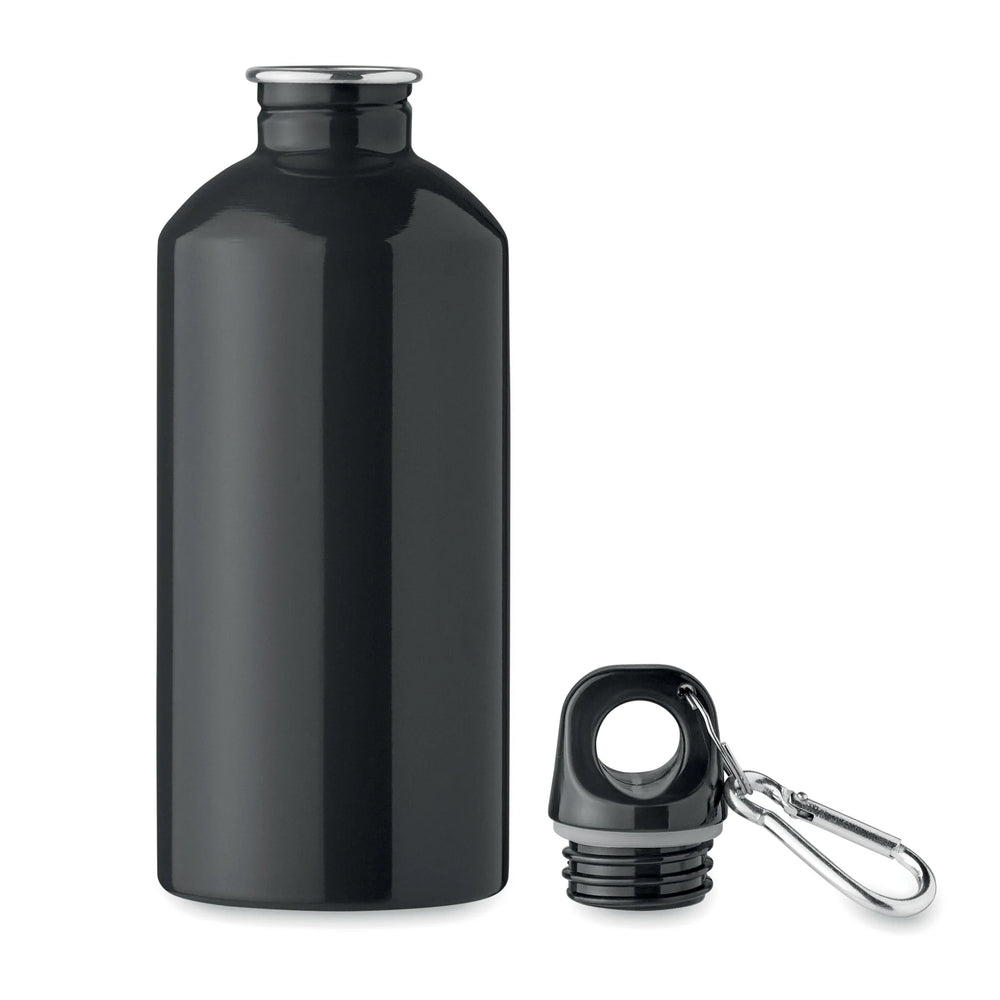 Essentix drinkfles van gerecycled RVS 500 ml met karabijnhaak geopend, Zwart - 192403