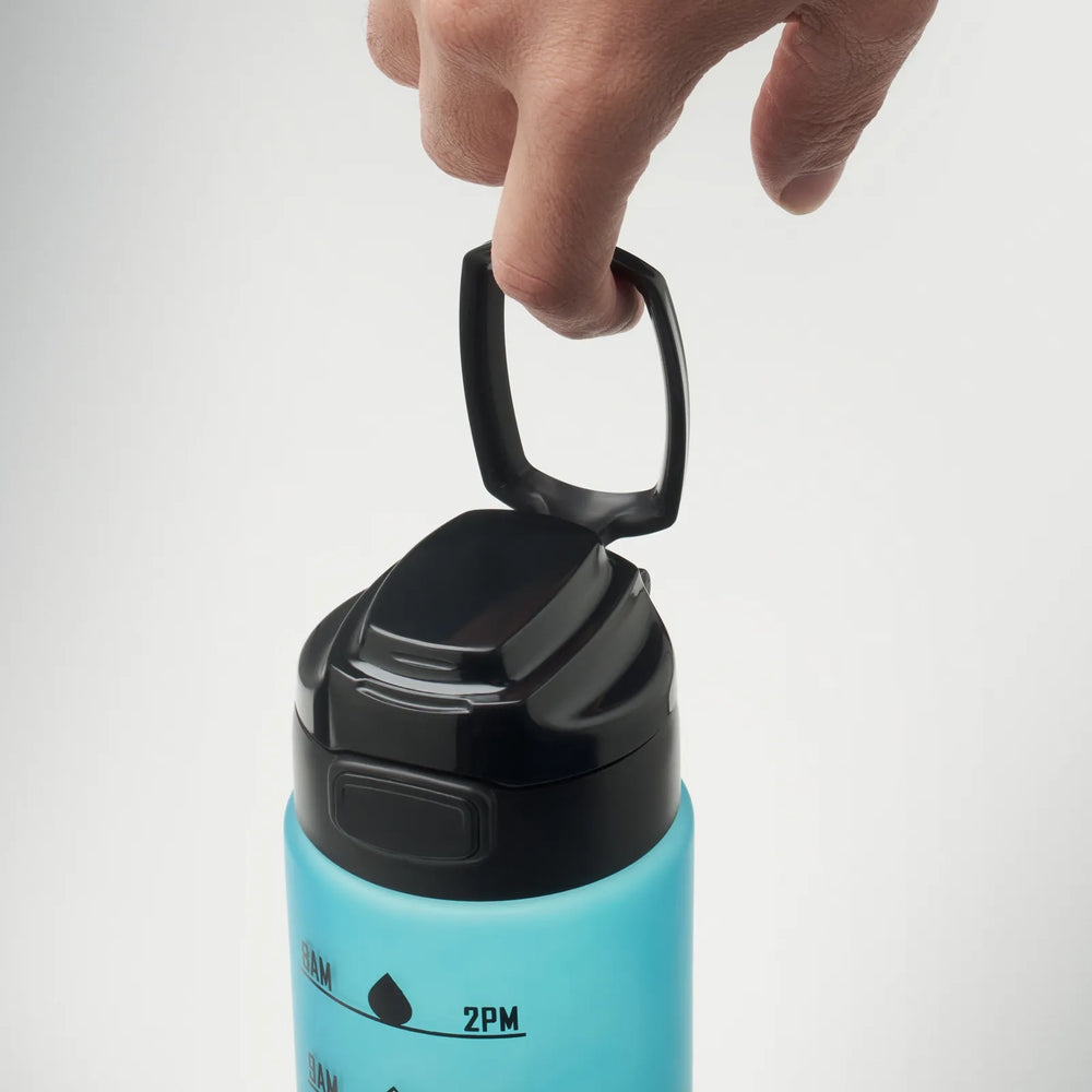 Essentix level rPET sportwaterfles 1 liter met tijdsaanduiding detail van draaghengsel, Turquoise - 192409