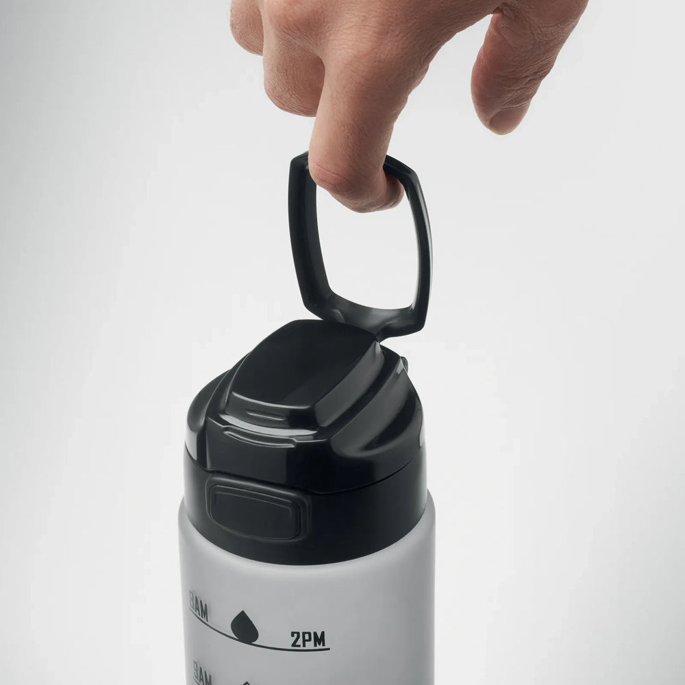 Essentix level rPET sportwaterfles 1 liter met tijdsaanduiding detail van draaghengsel, Wit - 192409