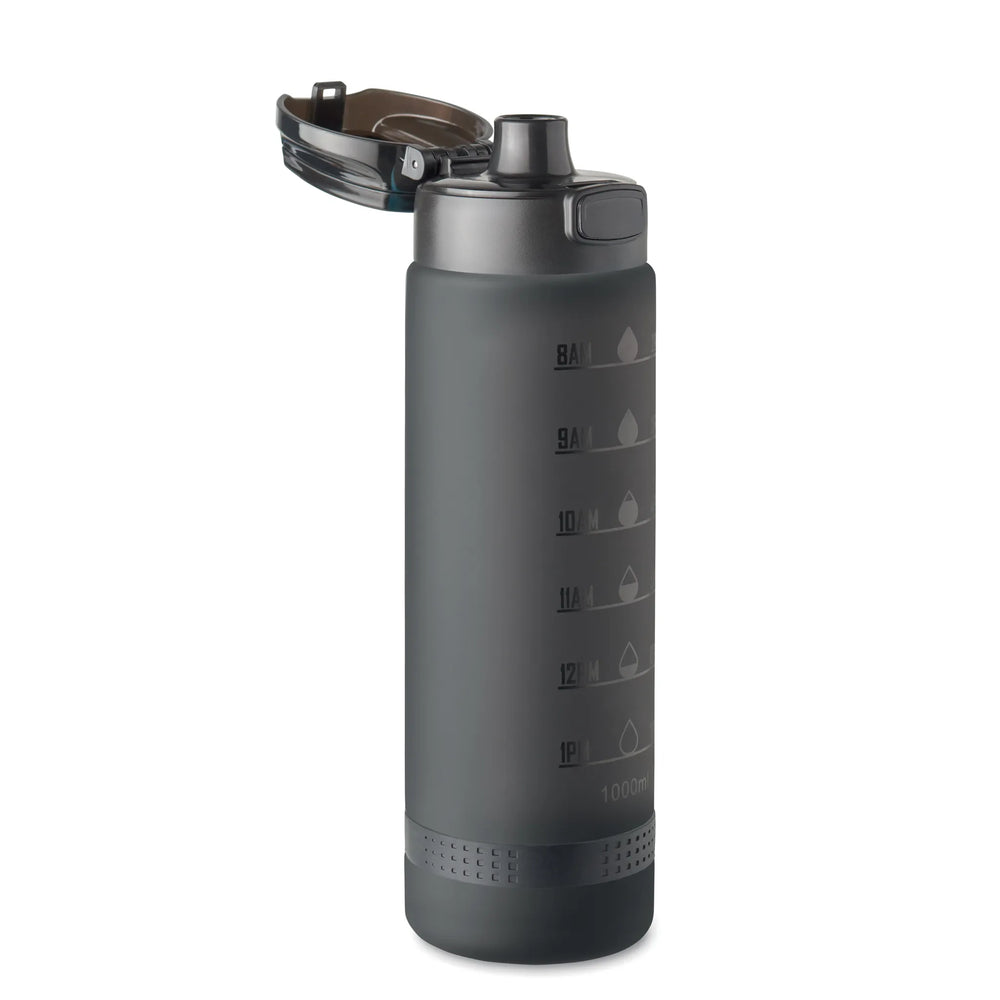Essentix level rPET sportwaterfles 1 liter met tijdsaanduiding met geopende drinktuit, Zwart - 192409