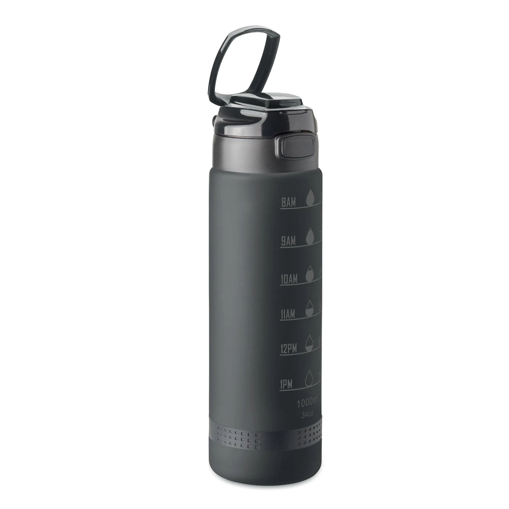 Essentix level rPET sportwaterfles 1 liter met tijdsaanduiding met opgeklapte draagbeugel, Zwart - 192409
