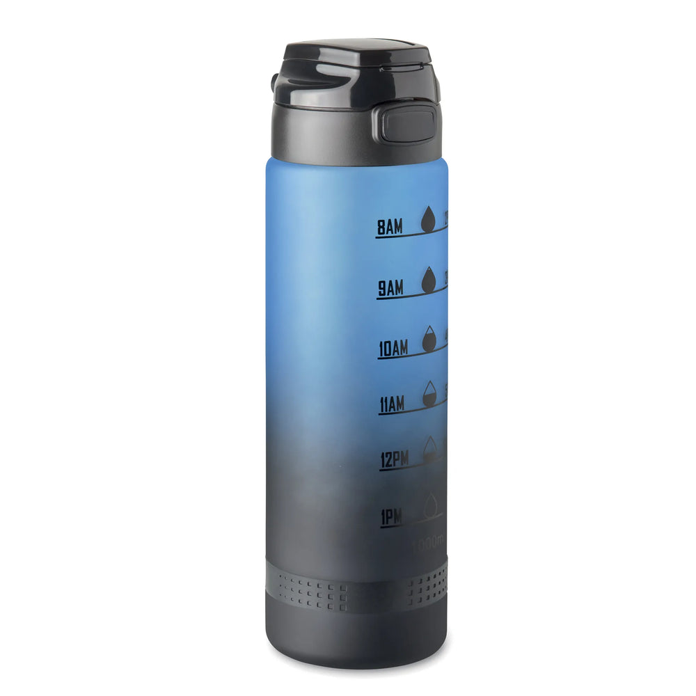 Essentix level rPET sportwaterfles 1 liter met tijdsaanduiding voorzijde, Blauw - 192409