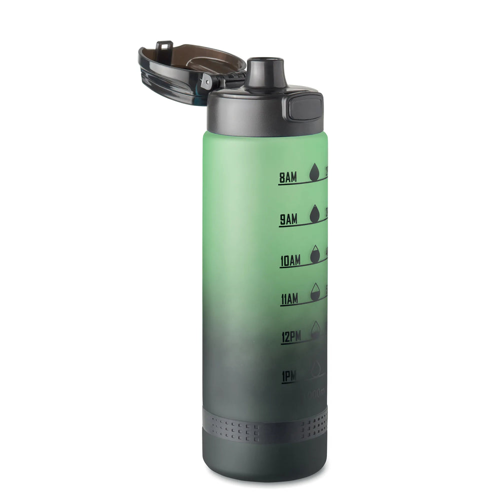 rpet sportwaterfles 1 liter tijdsaanduiding flip top groen open voorkant  192409