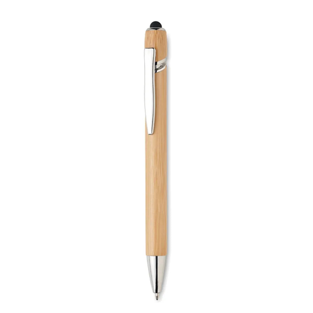 Stylus balpen met bamboe afwerking met clip zichtbaar, Beige - 192418