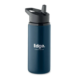 Essentix gerecyclede RVS drinkfles 500 ml met rietje met bedrukking, Marineblauw - 192500