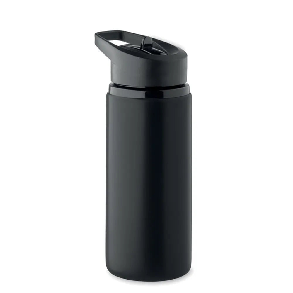 Essentix gerecyclede RVS drinkfles 500 ml met rietje zijaanzicht, Zwart - 192500