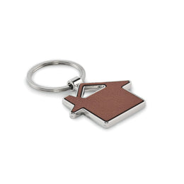 Huisvormige metalen sleutelhanger met gerecycled PU-leer, Bruin - 192538