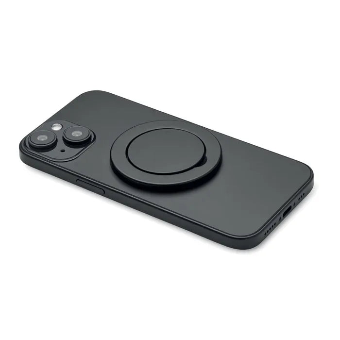 Magnetische telefoonhouder van gerecycled ABS ingeklapt op smartphone, Zwart - 192556