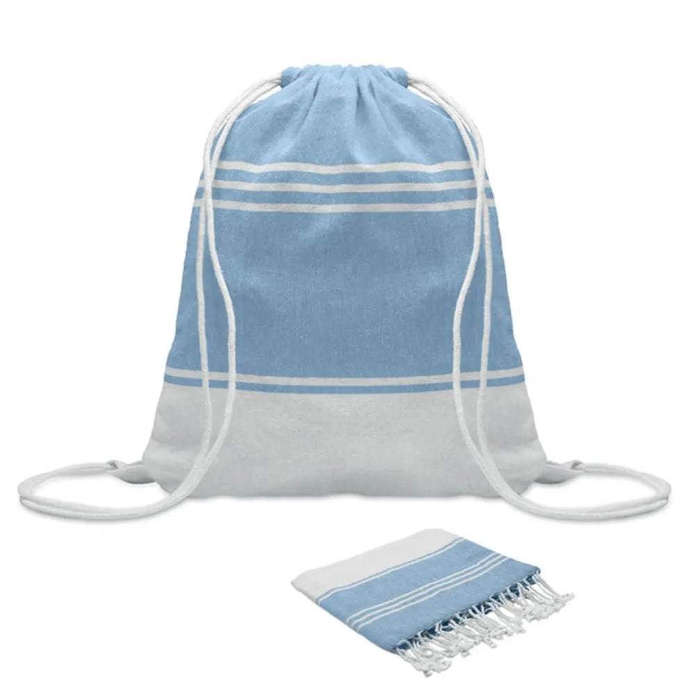 Hamamdoek met trekkoordtas van gerecycled materiaal, Turquoise - 192584