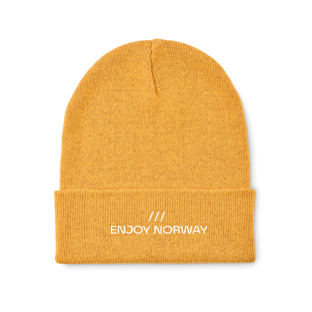 Geel met logo unisex gebreide muts van polyester en acryl,  artikel 192705