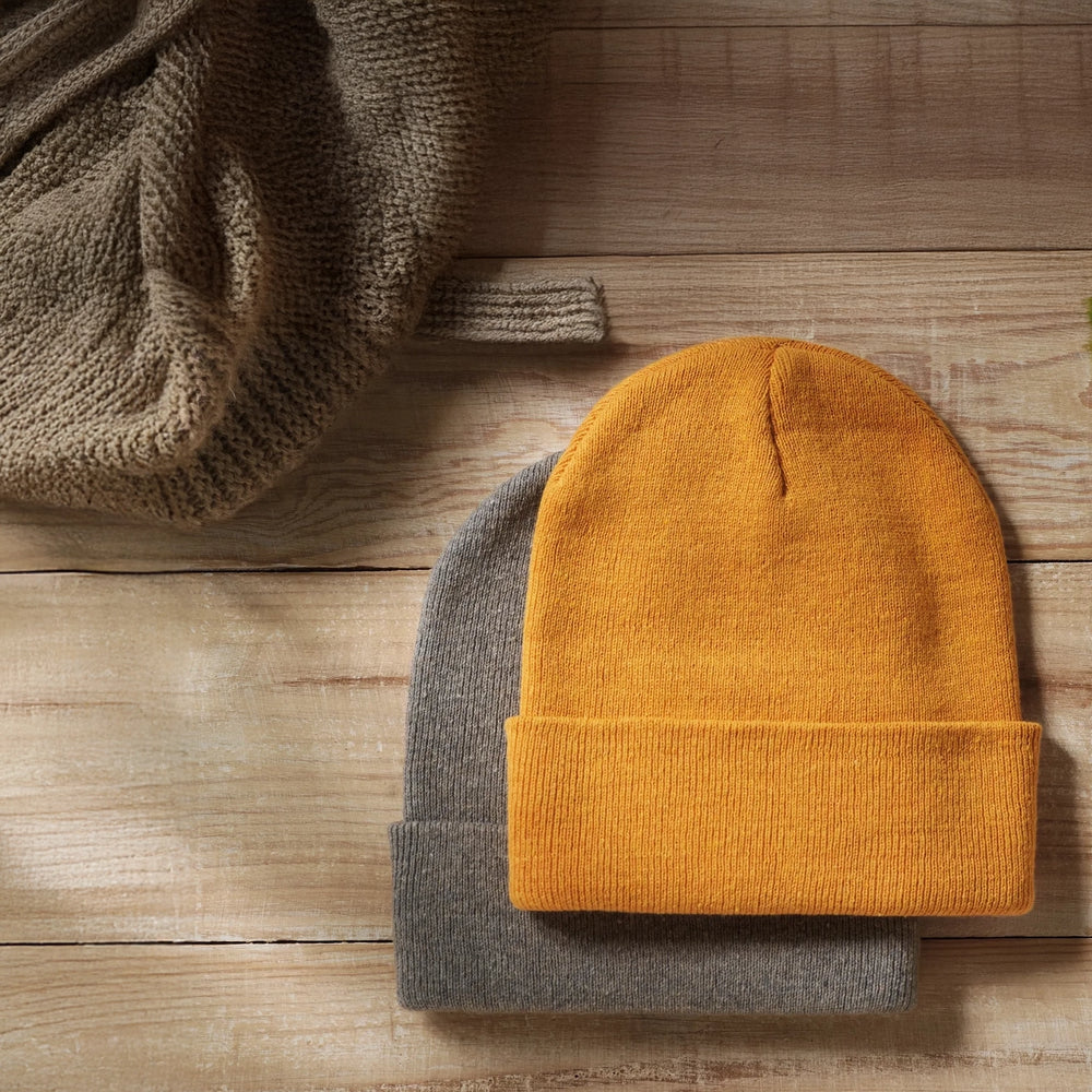 Geel sfeer foto unisex gebreide muts van polyester en acryl,  artikel 192705