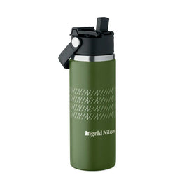Dubbelwandige RVS drinkfles 500 ml met rietje en handvat met bedrukking, Groen - 192775