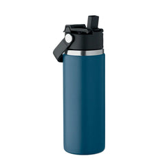 Dubbelwandige RVS drinkfles 500 ml met rietje en handvat - Marineblauw