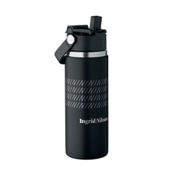 Dubbelwandige RVS drinkfles 500 ml met rietje en handvat - Zwart