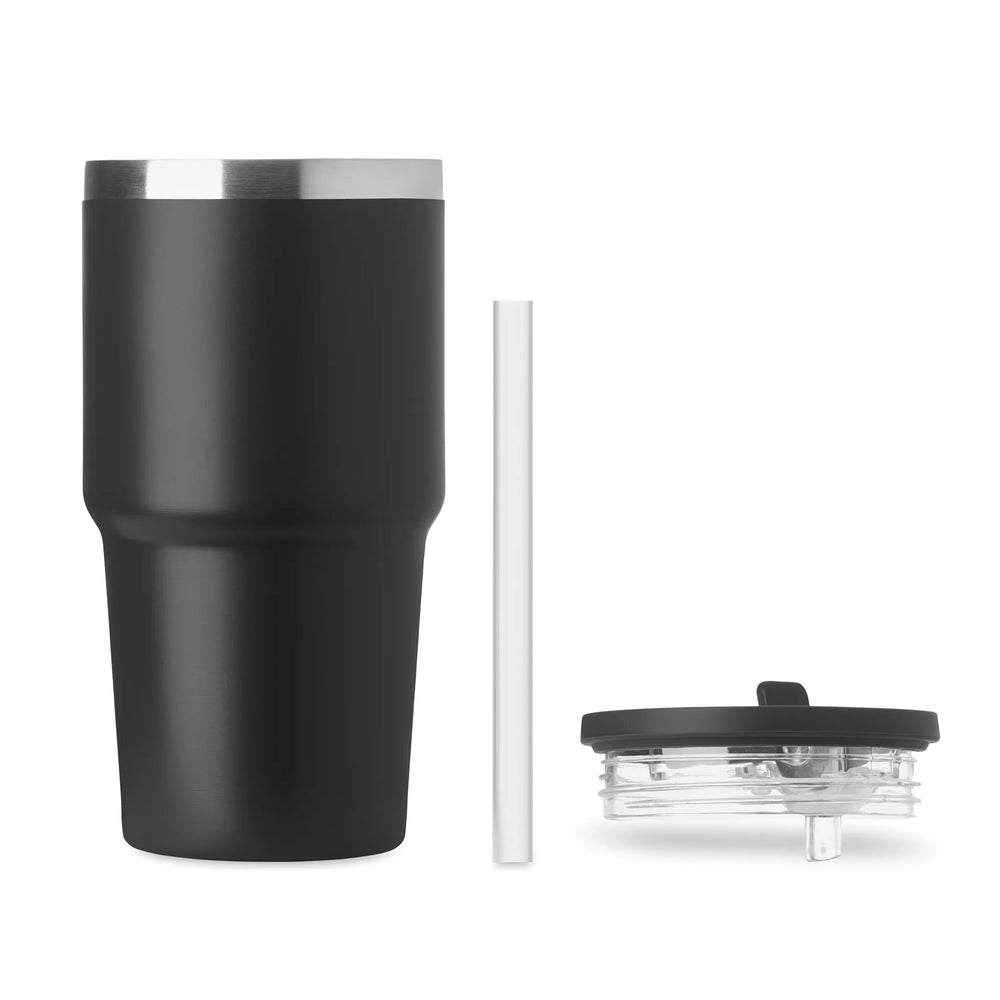 Vacuüm geïsoleerde RVS beker 500 ml met rietje - Zwart