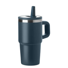 Vacuüm geïsoleerde RVS beker 500 ml met rietje met geopende drinktuit, Blauw - 193170