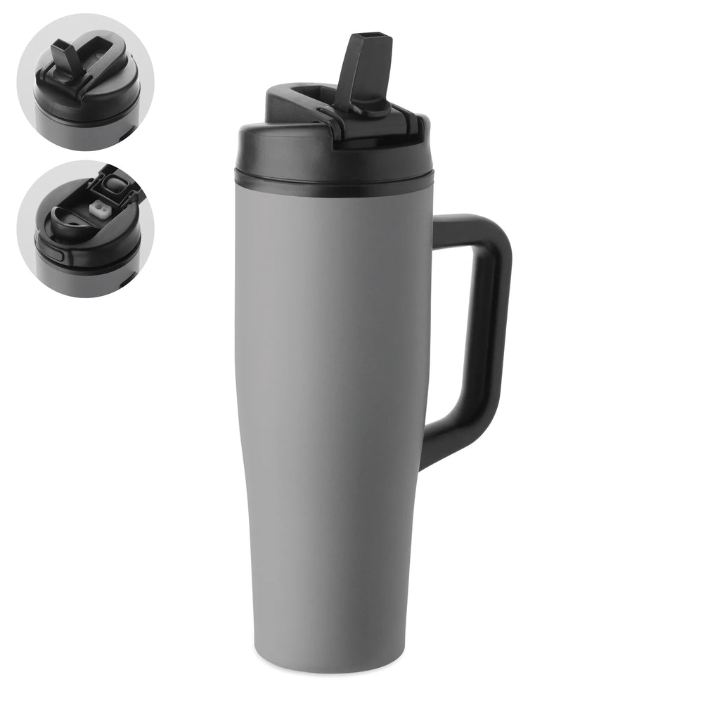 Geïsoleerde RVS beker 900 ml met rietjesdeksel - Grijs