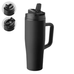 Geïsoleerde RVS beker 900 ml met rietjesdeksel - Zwart