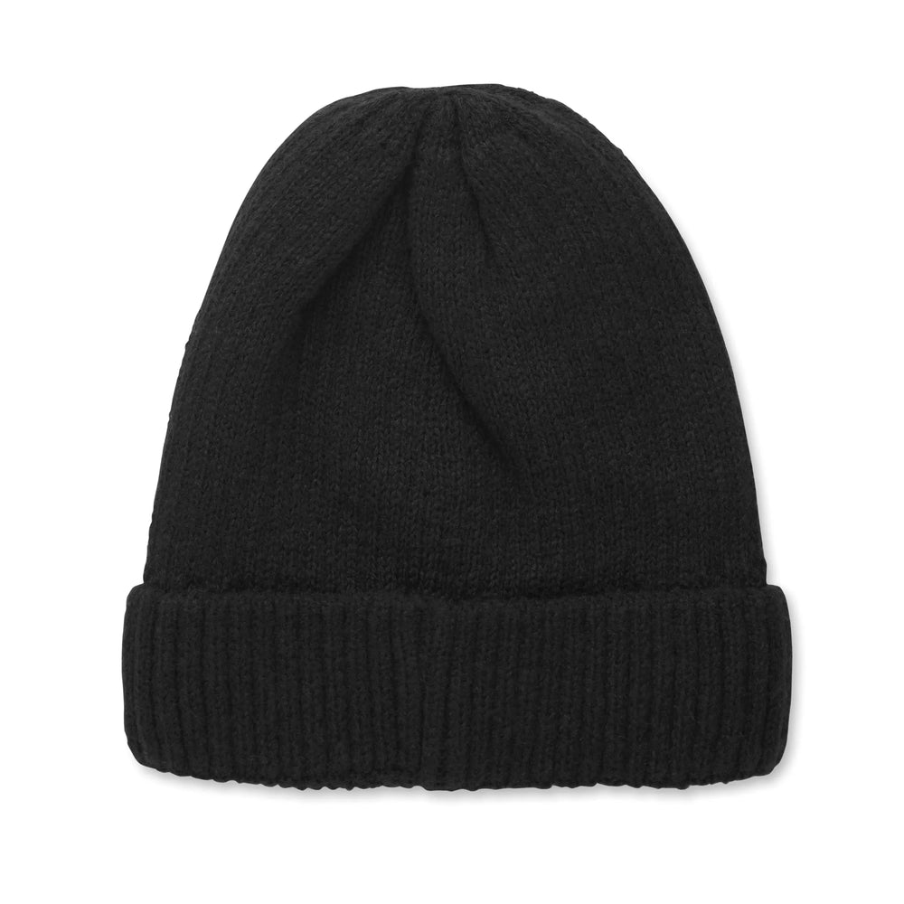 Gebreide muts met fleecevoering en suède patch - Zwart