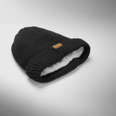 Gebreide muts met fleecevoering en suède patch - Zwart