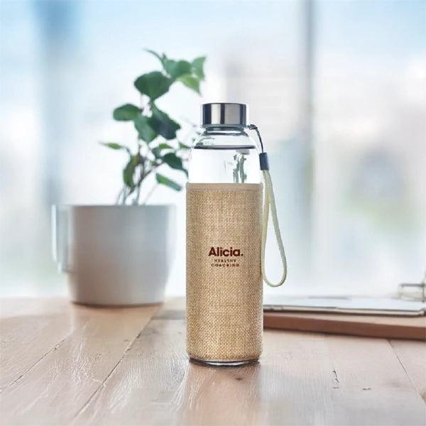 Glazen drinkfles 500 ml met jute neopreen hoes sfeerbeeld, Beige - 196168