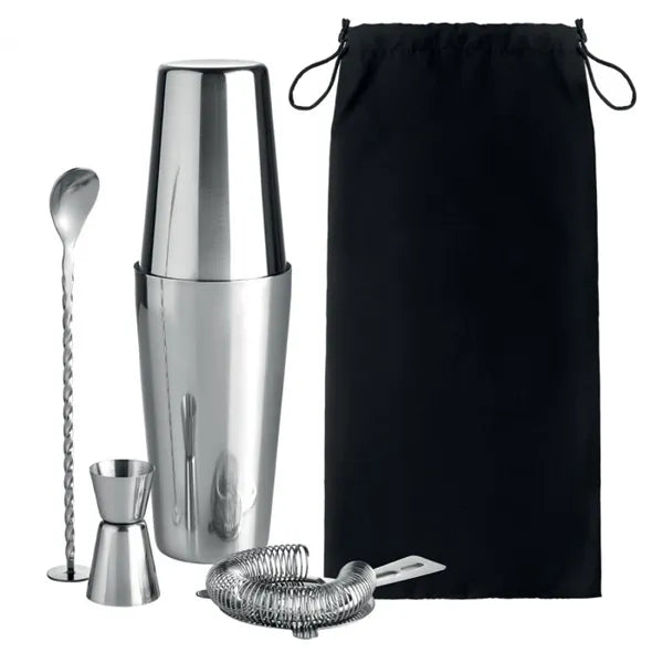 rvs cocktailset shaker boston zilver met tasje met lepel 196224