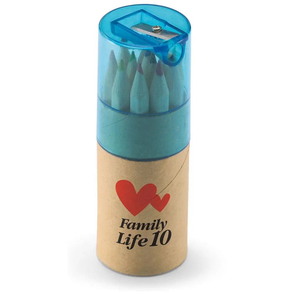 12 kleurpotloden in gerecyclede kartonnen koker inclusief puntenslijper met bedrukking, Blauw - 196230