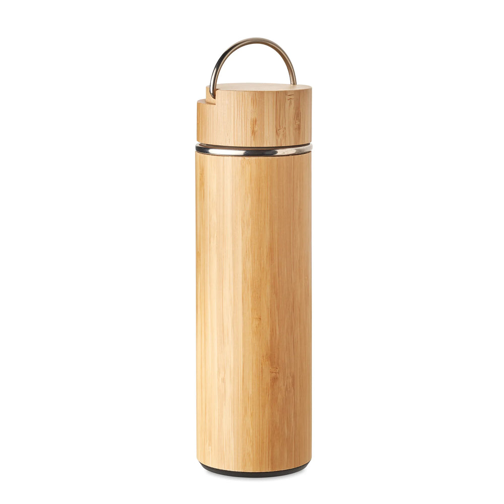 Vacuümfles 480 ml RVS en bamboe met theezeef met opgeklapte draagbeugel, Beige - 196272