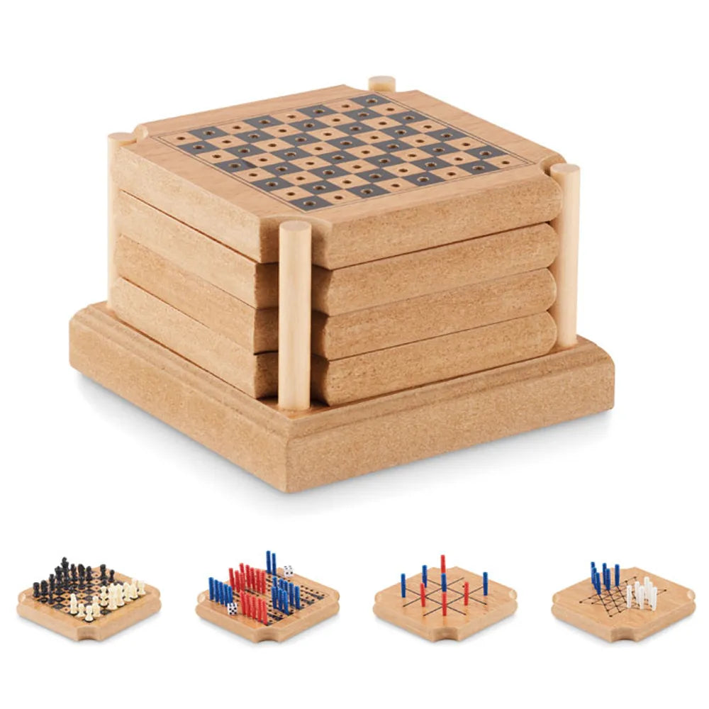 Kurken onderzetterset met vier spellen, Bruin - 196382