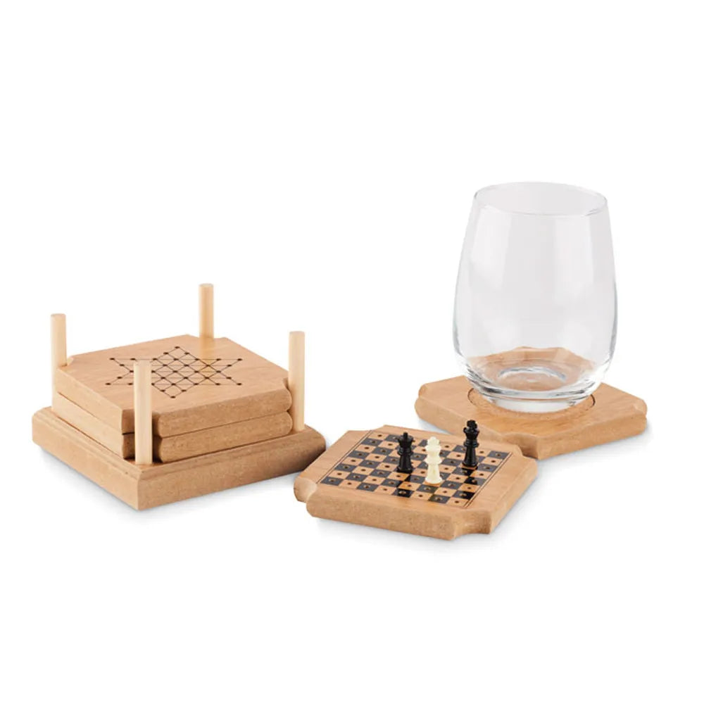 Kurken onderzetterset met vier spellen met glas en losse onderzetter, Bruin - 196382