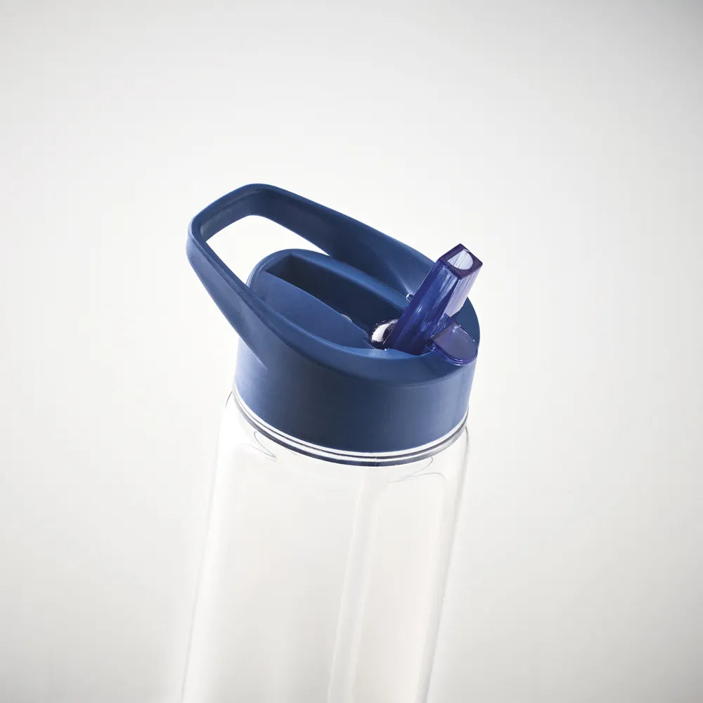 Essentix rPET drinkfles met flip-top rietje 650 ml detail van dop en drinktuit, Blauw - 196467