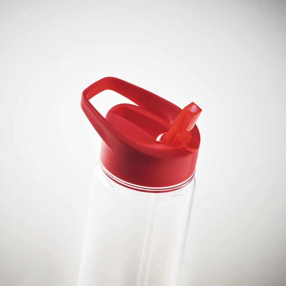Essentix rPET drinkfles met flip-top rietje 650 ml detail van dop en drinktuit, Rood - 196467